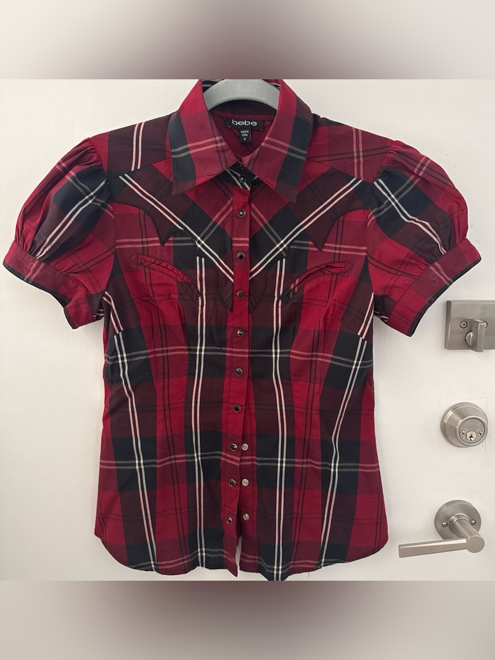 bebe Red and Black Plaid Short-Sleeve Western Button-Down Shirt